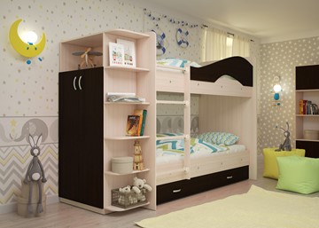Двухъярусная детская кровать Мая на щитах со шкафом и ящиками, корпус Млечный дуб, фасад Венге в Салавате