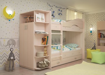 Детская 2-этажная кровать Мая на щитах со шкафом и ящиками, цвет Млечный дуб в Нефтекамске