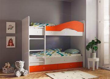 Двухэтажная детская кровать ТМК Мая с 2 ящиками на щитах, корпус Млечный дуб, фасад Оранжевый в Уфе
