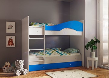 Кровать 2-ярусная Мая с 2 ящиками на щитах, корпус Млечный дуб, фасад Синий в Стерлитамаке