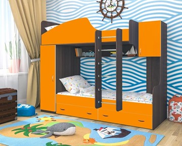 Детская кровать-шкаф Юниор-2, каркас Ясень анкор темный, фасад Оранжевый в Стерлитамаке