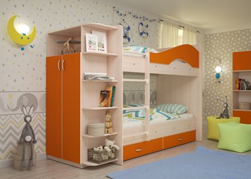 Детская двухъярусная кровать Мая на щитах со шкафом и ящиками, корпус Млечный дуб, фасад Оранжевый в Стерлитамаке