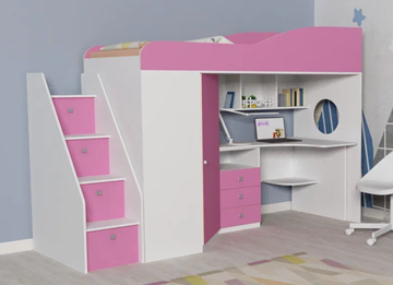 Детская кровать-шкаф Кадет-1 с универсальной лестницей, корпус Белое дерево, фасад Розовый в Стерлитамаке