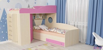 Кровать-чердак детская Кадет-2 с металлической лестницей, корпус Дуб, фасад Розовый в Стерлитамаке