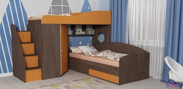 Детская кровать-шкаф Кадет-2 с универсальной лестницей, корпус Ясень анкор темный, фасад Оранжевый в Уфе