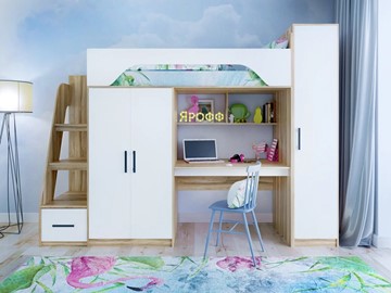 Кровать-чердак в детскую с шкафом Ярофф Тея, каркас Ясень, фасад Белый в Уфе