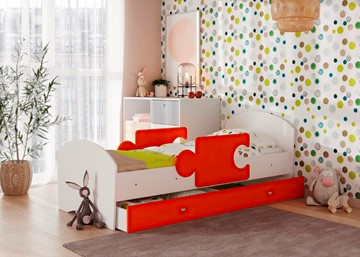 Детская кровать с бортиками и ящиком Мозайка, корпус Белый/фасад Оранжевый (щиты) в Уфе