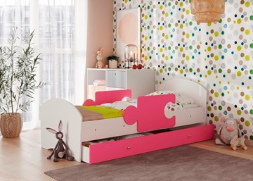Детская кровать с бортиками и ящиком Мозайка, корпус Белый/фасад Розовый (ламели) в Уфе