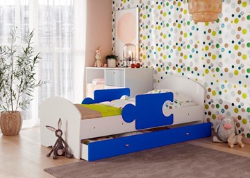 Детская кровать с бортиками и ящиком Мозайка, корпус Белый/фасад Синий (щиты) в Стерлитамаке