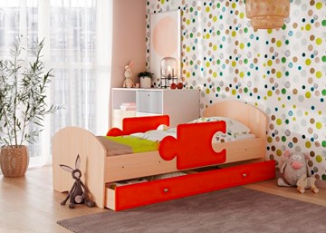 Детская кровать с бортиками и ящиком ТМК Мозайка, корпус Млечный дуб/фасад Оранжевый (щиты) в Стерлитамаке