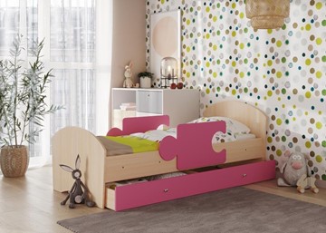 Кровать детская с бортиками и ящиком Мозайка, корпус Млечный дуб/фасад Розовый (ламели) в Стерлитамаке