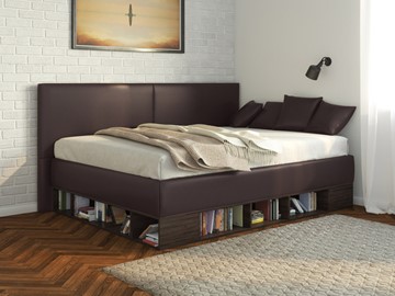 Полуторная детская кровать Lancaster 1, 120х200, ЛДСП венге, экокожа коричневая в Стерлитамаке