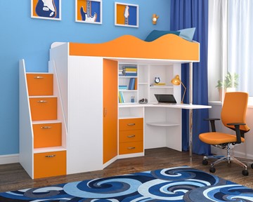 Детская кровать-шкаф Пионер-1, каркас Белое дерево, фасад Оранжевый в Салавате