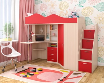Детская кровать-шкаф Пионер-1, каркас Дуб, фасад Красный в Уфе