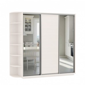 Шкаф трехдверный Экспресс (Зеркало/ДСП/Зеркало) со стеллажом, 2700х600х2400, белый снег в Стерлитамаке