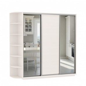Шкаф 3-х створчатый Экспресс (Зеркало/ДСП/Зеркало) со стеллажом, 2100х600х2400, белый снег в Стерлитамаке