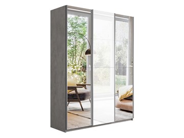 Шкаф 3-х дверный Широкий Прайм (2 Зеркала / Стекло белое) 2400x570x2300, Бетон в Уфе