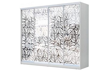 Шкаф-купе 4-х створчатый 24-4-24/2-6666, Пескоструйный рисунок "Лист", Белый в Уфе