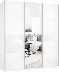 Шкаф-купе трехстворчатый Прайм (Белое стекло/Зеркало/Белое стекло) 1800x570x2300, белый снег в Стерлитамаке