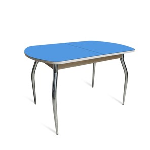 Кухонный обеденный стол ПГ-05 СТ2, дуб молочный/синие стекло/35 хром гнутые металл в Стерлитамаке