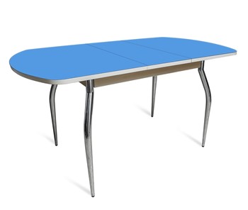 Раздвижной стол ПГ-07 СТ2, дуб молочный/синие стекло/35 хром гнутые металл в Салавате