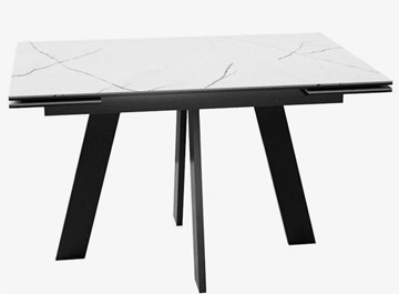 Стеклянный кухонный стол раздвижной DikLine SFM120 Стекло Белый мрамор САТИН/подстолье черное/опоры черные в Уфе