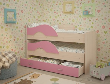 Детская 2-х ярусная кровать ТМК Радуга 1.6 с ящиком, корпус Млечный дуб, фасад Розовый в Стерлитамаке