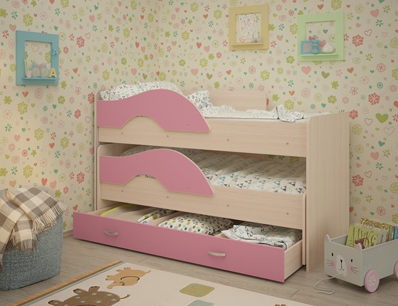 Детская 2-х ярусная кровать Радуга 1.6 с ящиком, корпус Млечный дуб, фасад Розовый в Стерлитамаке - изображение