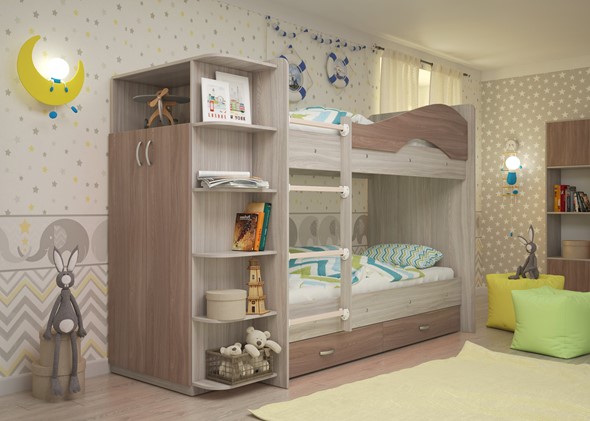 Двухэтажная кровать Мая на щитах со шкафом и ящиками, корпус Шимо светлый, фасад Шимо темный в Стерлитамаке - изображение