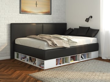 Кровать подростковая Lancaster 1, 140х200, ЛДСП белая, экокожа черная в Стерлитамаке