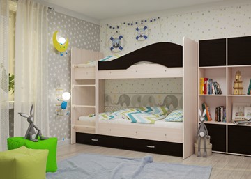 Детская  двухъярусная кровать Мая с 2 ящиками на щитах, корпус Млечный дуб, фасад Венге в Стерлитамаке - предосмотр 1