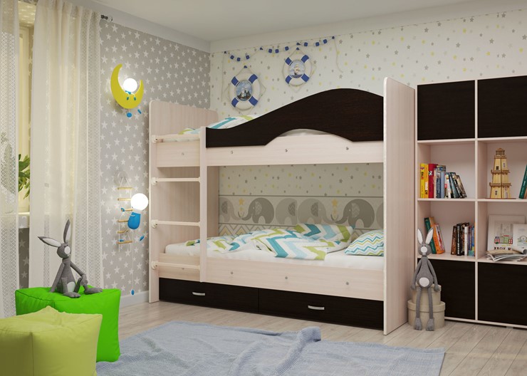 Детская  двухъярусная кровать Мая с 2 ящиками на щитах, корпус Млечный дуб, фасад Венге в Уфе - изображение 1