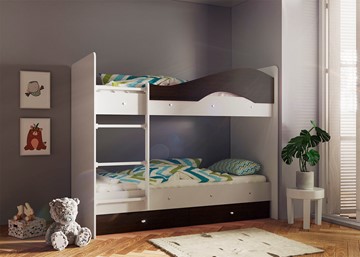 Детская  двухъярусная кровать Мая с 2 ящиками на щитах, корпус Млечный дуб, фасад Венге в Стерлитамаке - предосмотр