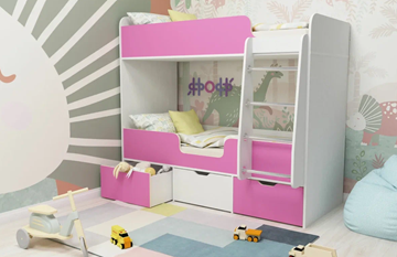 Двухэтажная детская кровать Малыш двойняшка 70х160, корпус Белое дерево, фасад Розовый в Стерлитамаке - предосмотр