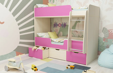 Двухэтажная кровать Малыш двойняшка 70х160, корпус Дуб молочный, фасад Розовый в Уфе
