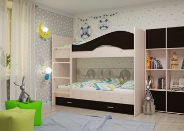 Двухъярусная детская кровать Мая на щитах со шкафом и ящиками, корпус Млечный дуб, фасад Венге в Стерлитамаке - предосмотр 1