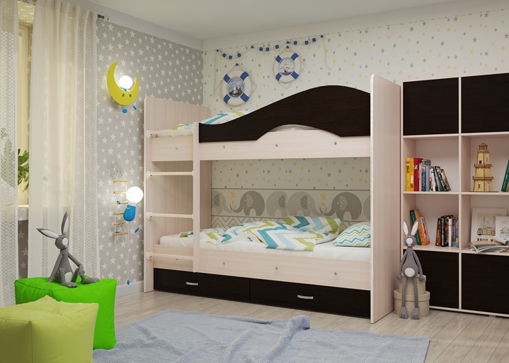 Двухъярусная детская кровать Мая на щитах со шкафом и ящиками, корпус Млечный дуб, фасад Венге в Уфе - изображение 1