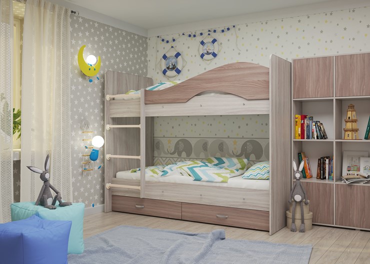 Двухэтажная кровать Мая на щитах со шкафом и ящиками, корпус Шимо светлый, фасад Шимо темный в Стерлитамаке - изображение 2
