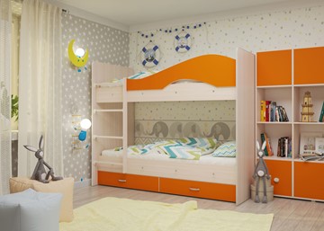 Двухэтажная детская кровать Мая с 2 ящиками на щитах, корпус Млечный дуб, фасад Оранжевый в Уфе - предосмотр 3