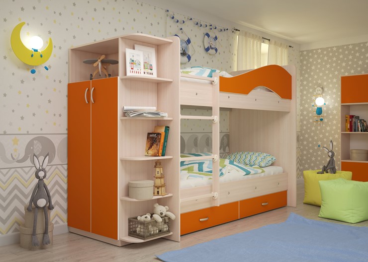 Двухэтажная детская кровать Мая с 2 ящиками на щитах, корпус Млечный дуб, фасад Оранжевый в Уфе - изображение 1