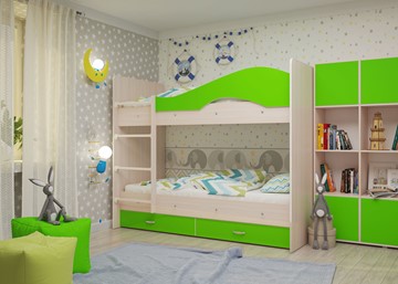 Детская 2-этажная кровать Мая с 2 ящиками на щитах, корпус Млечный дуб, фасад Салатовый в Стерлитамаке - предосмотр 1