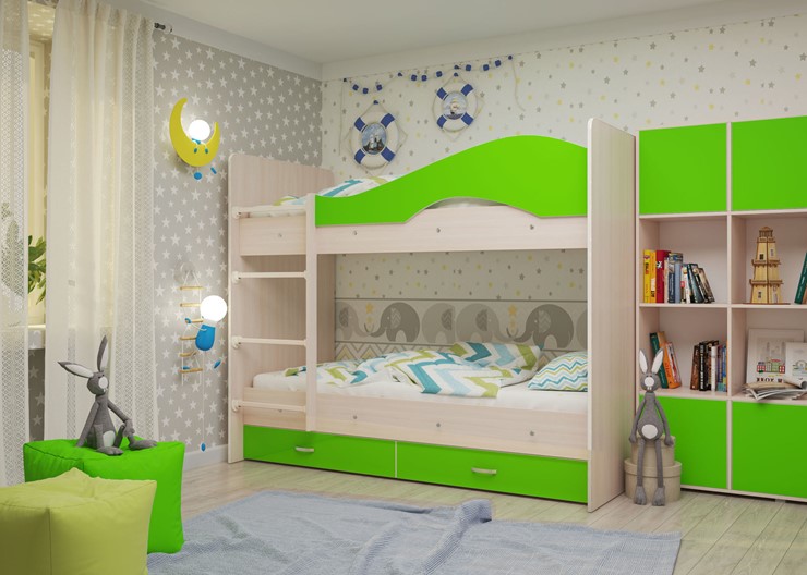 Детская 2-этажная кровать Мая с 2 ящиками на щитах, корпус Млечный дуб, фасад Салатовый в Стерлитамаке - изображение 1