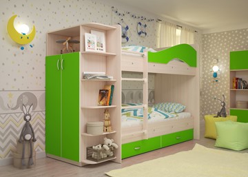 Детская 2-этажная кровать Мая с 2 ящиками на щитах, корпус Млечный дуб, фасад Салатовый в Стерлитамаке - предосмотр 2
