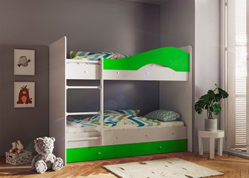 Детская 2-этажная кровать Мая с 2 ящиками на щитах, корпус Млечный дуб, фасад Салатовый в Салавате