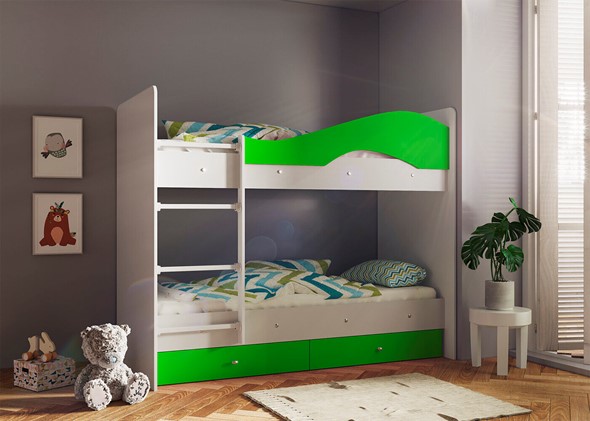 Детская 2-этажная кровать Мая с 2 ящиками на щитах, корпус Млечный дуб, фасад Салатовый в Стерлитамаке - изображение