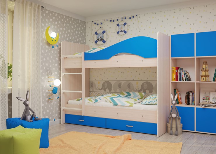Кровать 2-ярусная Мая с 2 ящиками на щитах, корпус Млечный дуб, фасад Синий в Стерлитамаке - изображение 3
