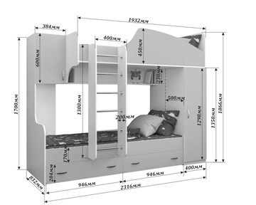 Двухэтажная кровать Юниор-2, каркас Белое дерево, фасад Ирис в Стерлитамаке - предосмотр 1