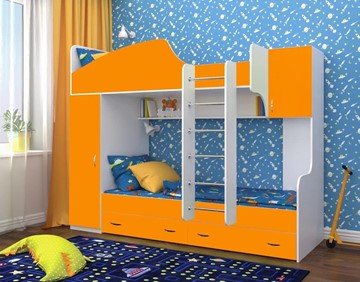 Детская 2-этажная кровать Юниор-2, каркас Белое дерево, фасад Оранжевый в Стерлитамаке - предосмотр