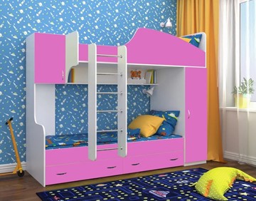 Детская 2-ярусная кровать Юниор-2, каркас Белое дерево, фасад Розовый в Стерлитамаке - предосмотр