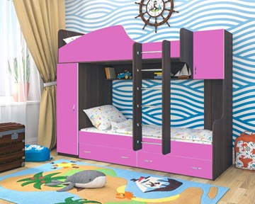 Двухэтажная детская кровать Юниор-2, каркас Ясень анкор темный, фасад Розовый в Стерлитамаке - предосмотр